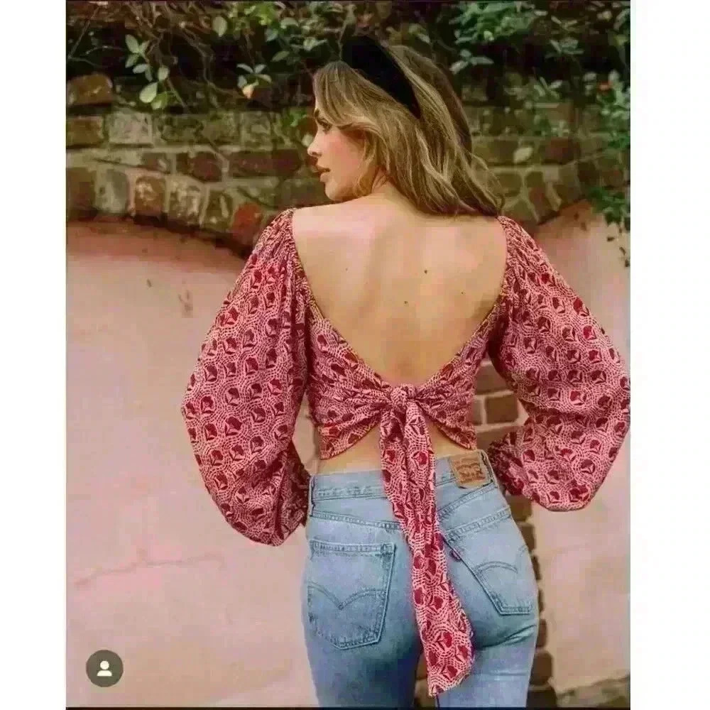 Citrine Teza Collection Renee Tie Versatile Crop Printed Long Sleeve Top Large - Picture 4 of 8